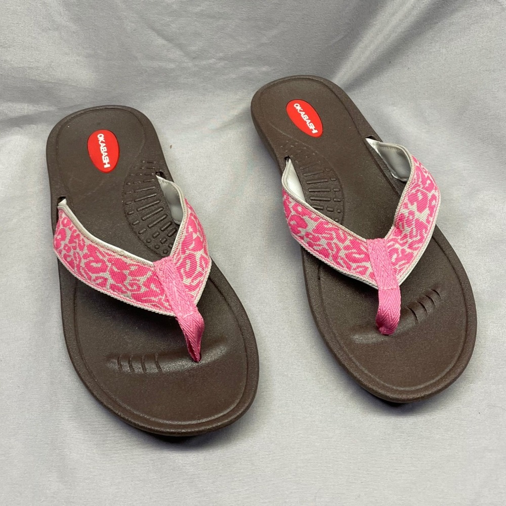 Okabashi Womens Flip Flop Sandals Brown Pink Patterned‎ Thong ML Made in USA